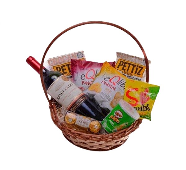 Cesta Com Vinho e Petiscos - Modelo Clube do Vinho