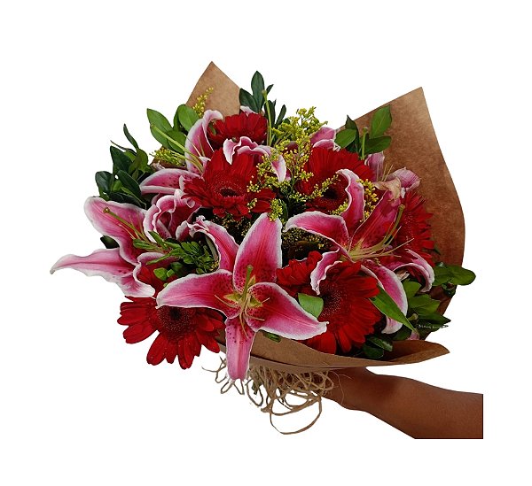 Buquê Magno de Lírios e Gérberas Vermelhas - Modelo Paixão e Doçura