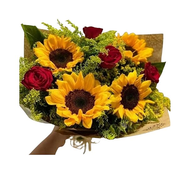 Buquê Mix Master (Girassol e Rosas Vermelhas) - Modelo Luz & Paixão