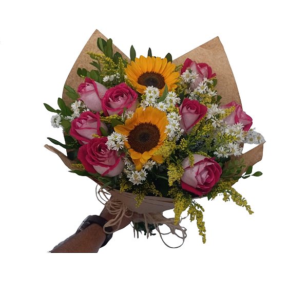 Buquê Mix Magno (Rosa Lady e Girassóis) - Modelo Lady e Alegria
