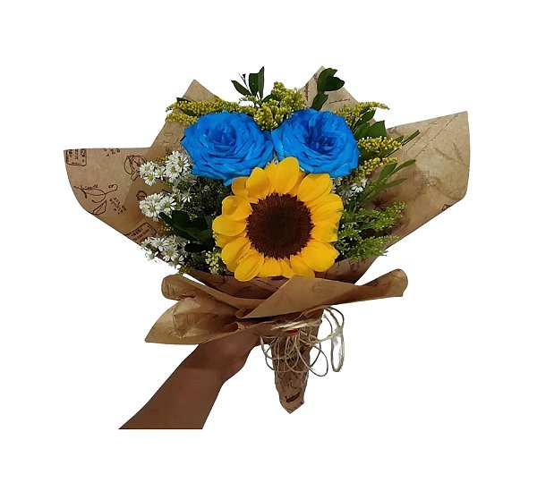 Buquê Mix Trio Pop Francês (Girassol e Rosas Azuis)  Modelo Horizonte Azul