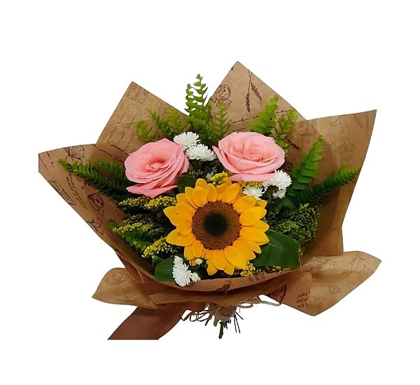 Buquê Mix Trio Pop Francês(Girassol e Rosas Cor de Rosa)   Modelo Encanto Solar