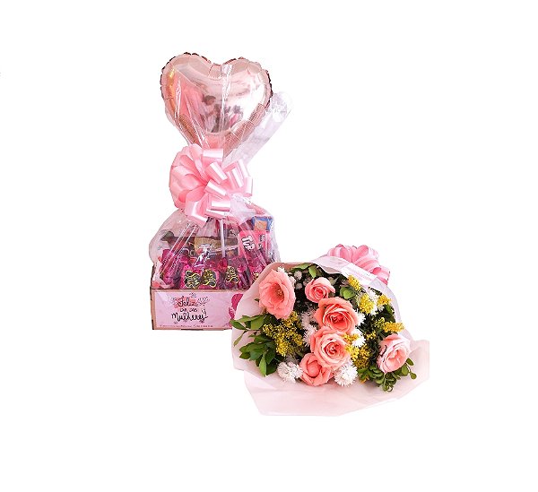 Combo Elegância & Doçura: Cesta de Chocolate + Buquê Cor Rosa