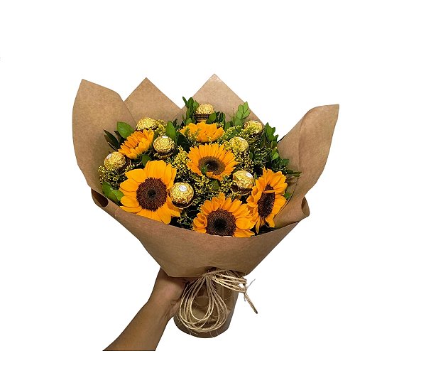Buquê de Girassol com Ferrero Rocher - Modelo Sol Dourado
