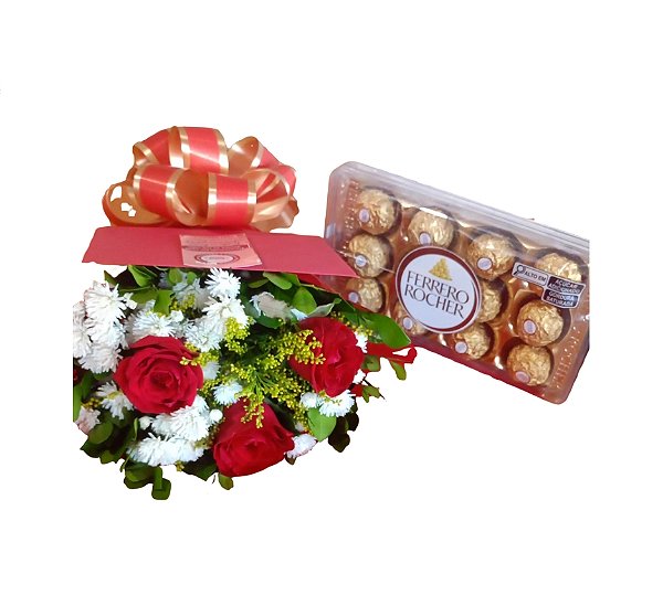 Combo: Buquê de Rosas Vermelhas + Bombom Ferrero T12 + Cartão com Mensagem