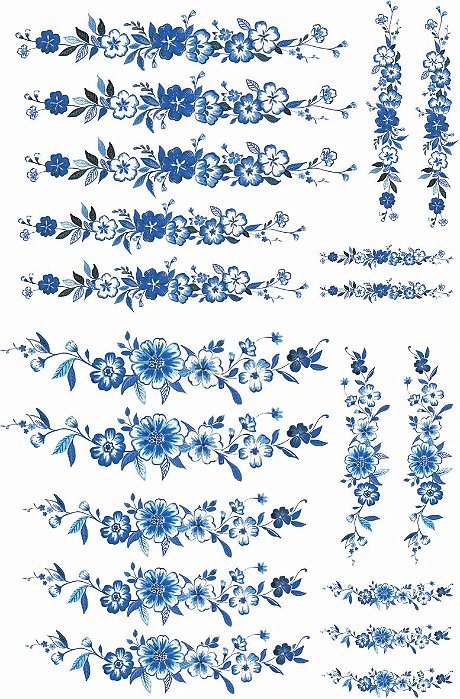 Decalque para Porcelana - Floral Borda Índigo Blue