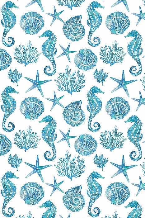 Decalque para Porcelana - Tapete Mar - Cavalo Marinho - Conchas - Azul