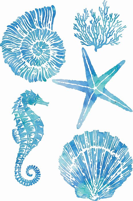 Decalque para Porcelana -Cavalo Marinho - Conchas Grande - Azul