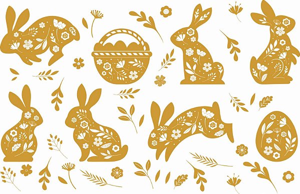 Decalque para Porcelana - Páscoa Coelhinho com Flores - Ouro