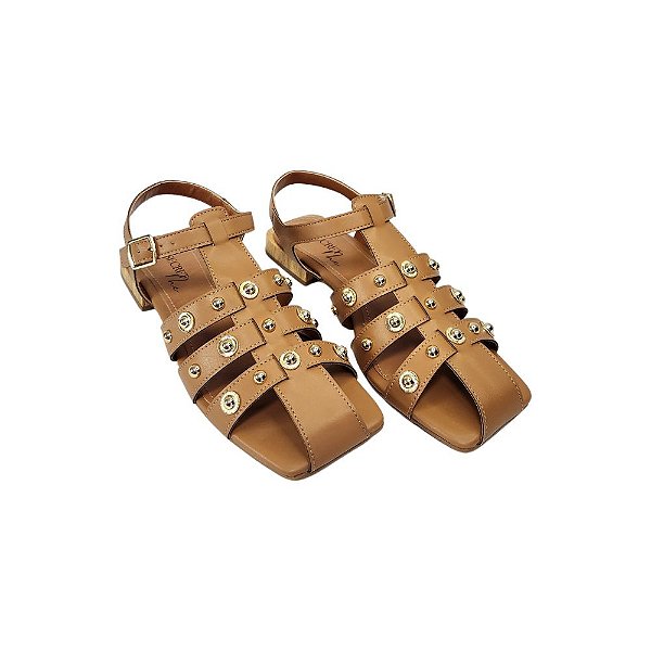 Sandália Brenda Caramelo com Tachas Douradas