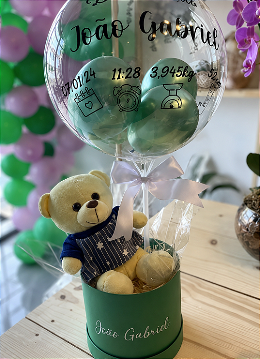 Box maternidade Personalizada com Ursinho e Balão Bubble | Presente Maternidade