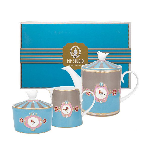 Tea Set com 3 Peças Azul/Cáqui - Love Birds