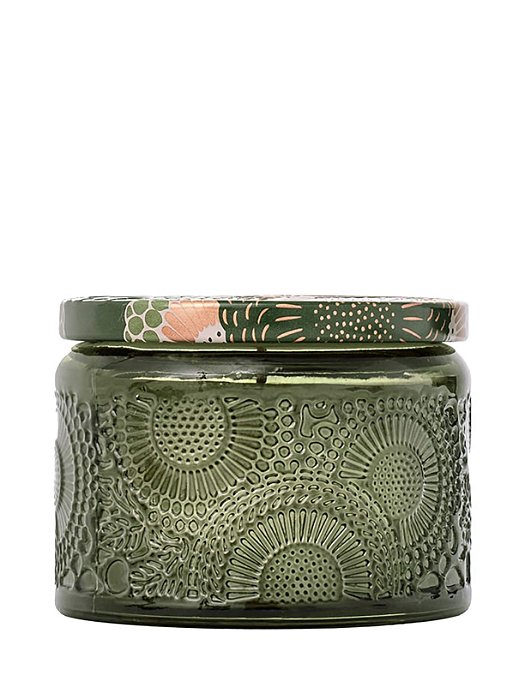 Vela Pote De Vidro P 25H Relevo Temple Moss