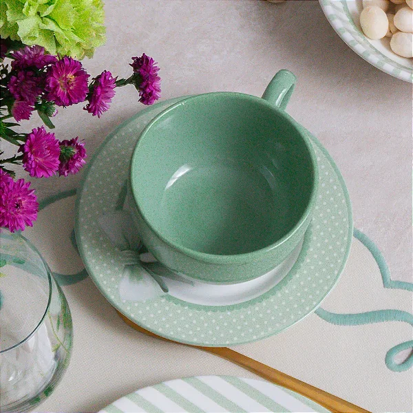 2 Xícaras Chá Cerâmica Verde Água Pires Laços de Páscoa 200ml Alleanza
