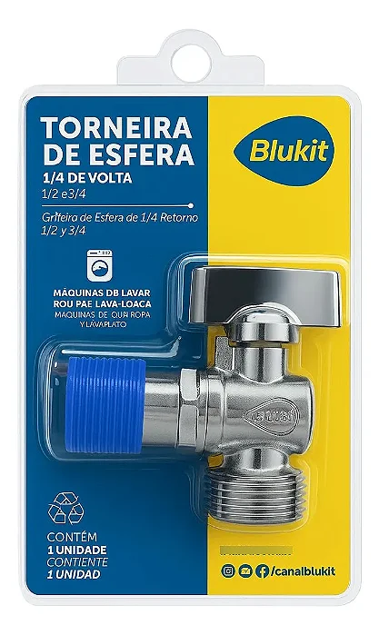 Torneira Esfera Metal Máq Lavar 1/4volta 1/2 Blukit 190121 Prateado