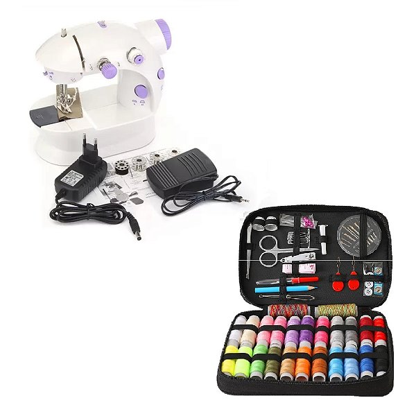 Kit 1 Mini máquina de costura portátil e 1 Kit de costura com 96 itens