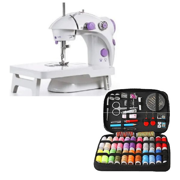 Kit 1 Mini máquina de costura portátil, 1 Mesa Extensora e 1 Kit de costura