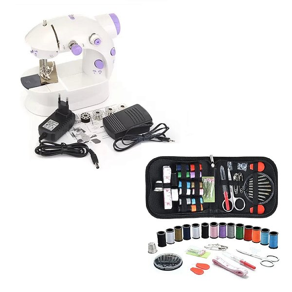 Kit mini máquina de costura portátil com kit de linhas com 27 itens