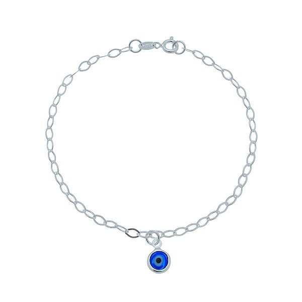 Pulseira De Prata Elo Losango Com Olho Grego Azul Marinho 18cm