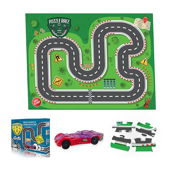 Pista quebra cabeças 96 peças puzzle race + 1 carrinho de ferro Homeplay