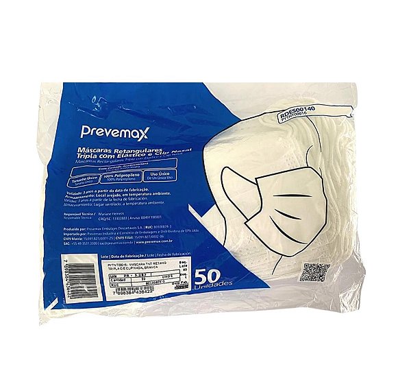 MASCARA BRANCA TRIPLA C/ELASTICO E CLIPE NASAL PCT C/50UND - PREVEMAX