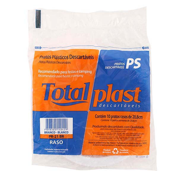 PRATO PLASTICO BRANCO 21CM C/10 - TOTALPLAST