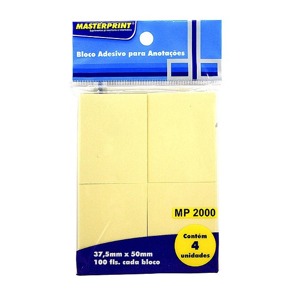 BLOCO ADESIVO 37,5MM X 50MM AMARELO C/4X100 (MP 2000) - MASTERPRINT