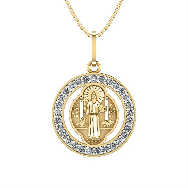 Pingente São Bento redondo com pedras - Ouro 18k