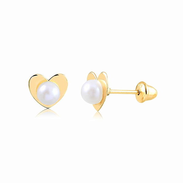 Brinco Pérola Coração - ouro 18k