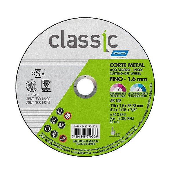 DISCO DE CORTE INOX 4.1/2 X 1/16 X 7/8" / AR102 115 X 1.6  X 22.23 (66253371671) - NORTON
