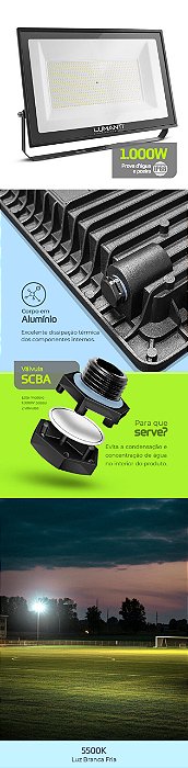 KIT 02 Refletor LED SUPERLED Smart 1000W BIVOLT - A PROVA D'AGUA - 5500K