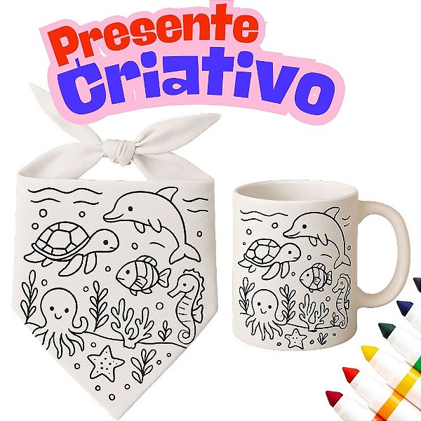 Kit Caneca e Bandana de colorir + brinde canetinhas