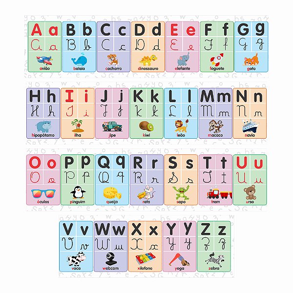 Faixa Alfabeto Ilustrado 4 Tipos Letra Bastão Cursiva Branco