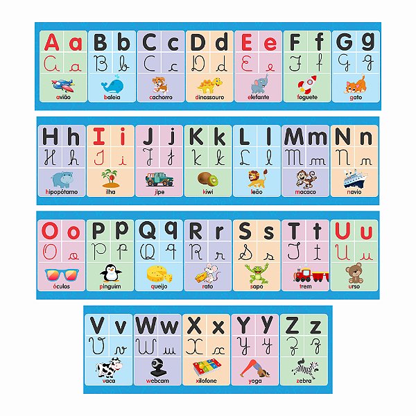 Faixa Alfabeto Ilustrado 4 Tipos Letra Bastão Cursiva Azul