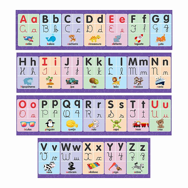 Faixa Alfabeto Ilustrado 4 Tipos Letra Bastão Cursiva Roxo