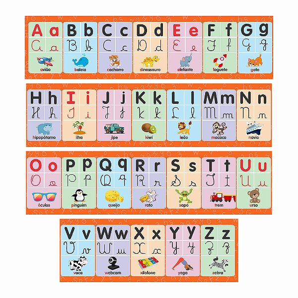 Faixa Alfabeto Ilustrado 4 Tipo Letra Bastão Cursiva Laranja