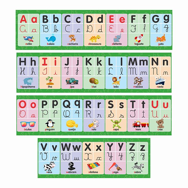 Faixa Alfabeto Ilustrado 4 Tipos Letra Bastão Cursiva Verde