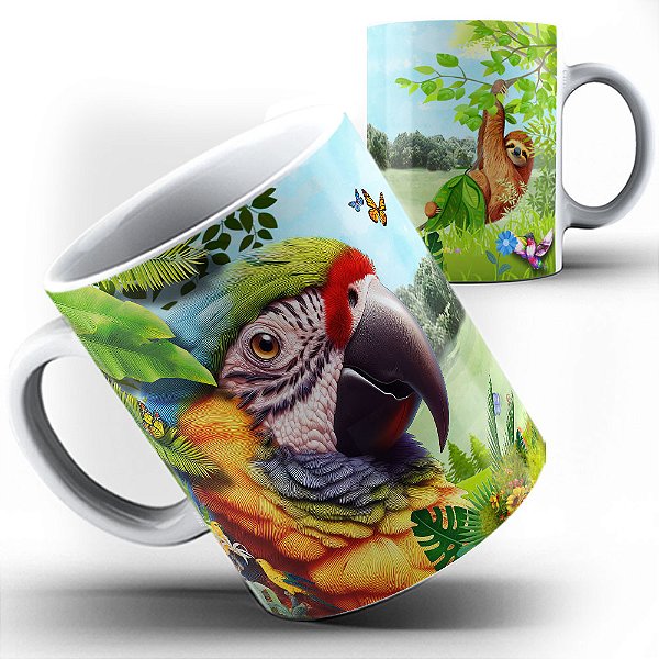 Caneca Brasil Arara Macaw tropical bicho preguiça 24