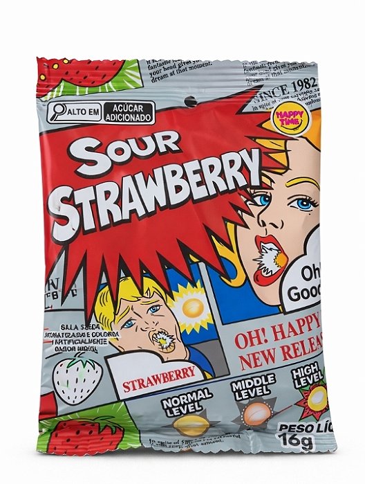 Bala Super Azeda Sour Morango Happy Time 16g - Importada