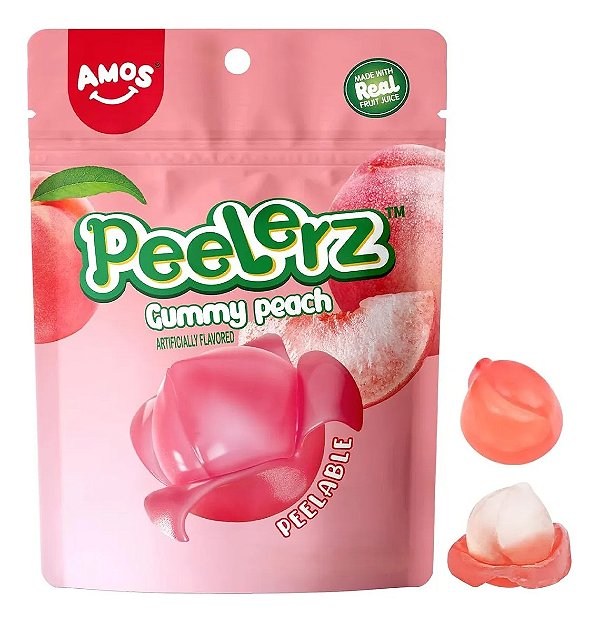 Bala Descascável 3D Peelerz Gummy Pêssego Amos 65g Importada