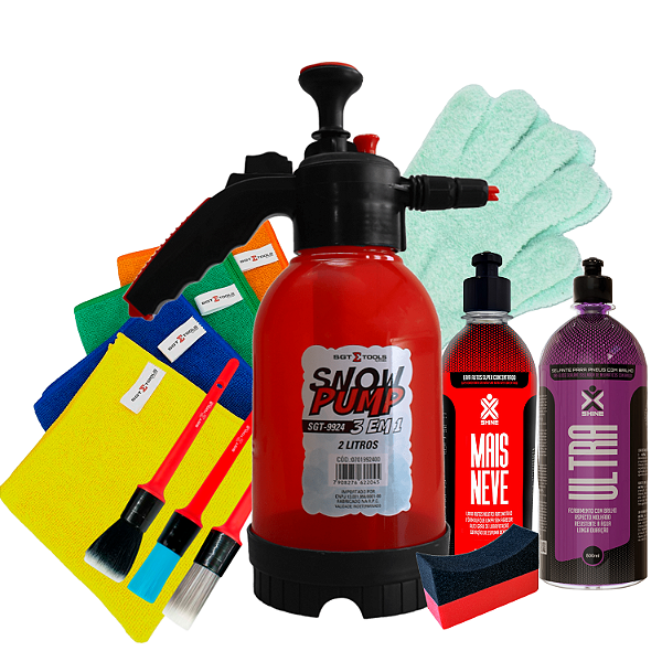 Kit Lavagem Automotiva – Snow Foam + Shampoo Neve + Luva e Panos Microfibra + Pincéis + Pretinho + Aplicador