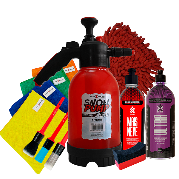Kit Lavagem Automotiva – Snow Foam + Shampoo Neve + Luva e Panos Microfibra + Pincéis + Pretinho + Aplicador
