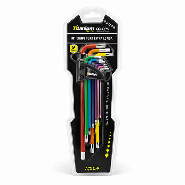 Kit 9 Chaves Torx Extra Longas (T10 a T50) Colors - Titanium Platina