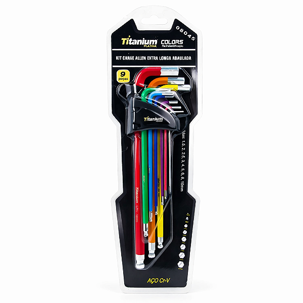 Kit 9 Chaves Allen Extra Longas Abaulada (1.5 a 10mm) Colors - Titanium Platina