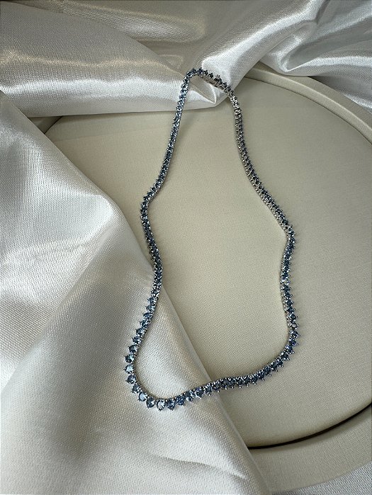 Colar RIVIERA AZUL CRISTAL RÓDIO BRANCO- TRÊS PONTAS - sob ENCOMENDA