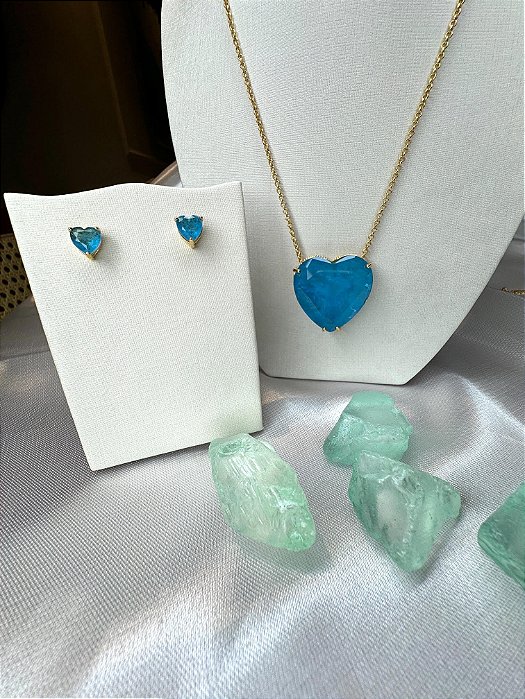 Conjunto colar e brincos Ouro CORAÇÃO em pedra fusion Blue