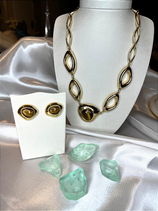 Conjunto COLAR E BRINCOS PEDRAS NATURAIS OLHO DE TIGRE