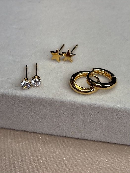 Trio de Brincos banho em Ouro