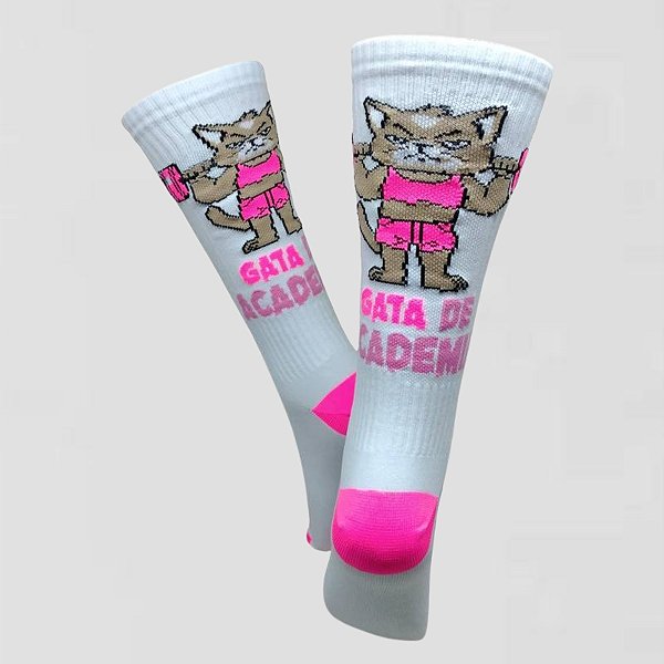 Meia Cano Alto Divertida Gata de Academia em Poliamida