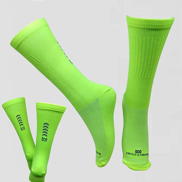 Meia Cano Alto Divertida Refletiva Amarelo Fluor em Poliamida